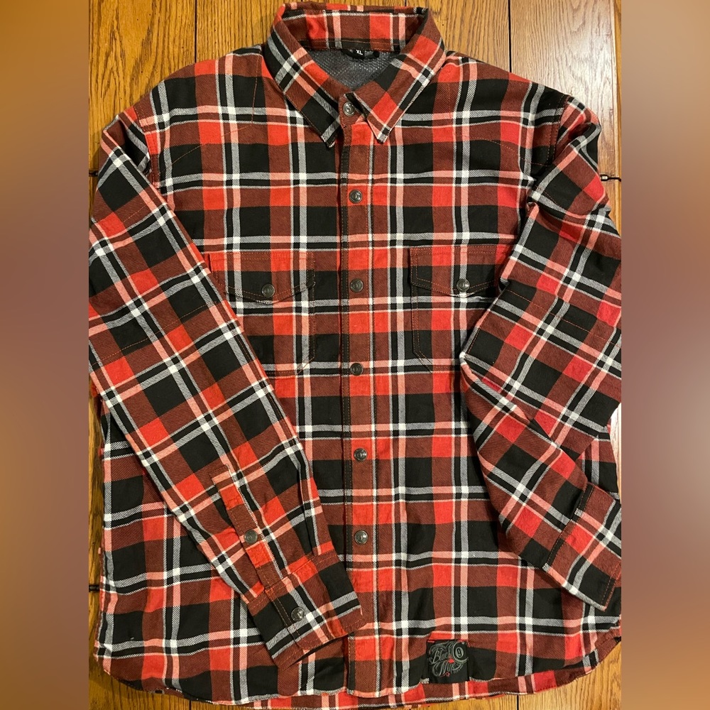 EUC Speed and Strength,Black Nine,orange/black flannel jacket,size XL